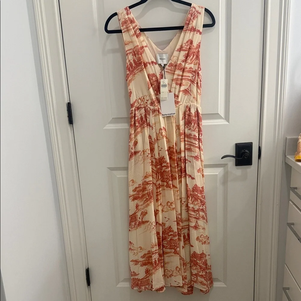Reformation Farrah Sleeveless Red and Cream Patterned Dress - Picture 1 of 4